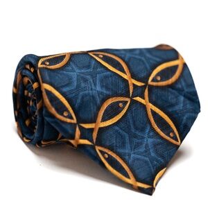 Christians Closet Blue and Gold Ichthus Symbol Pattern‎ Men's Silk Tie, EUC